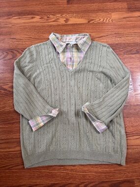 Classic V-Neck Cable Knit Sweater with faux collared shirt